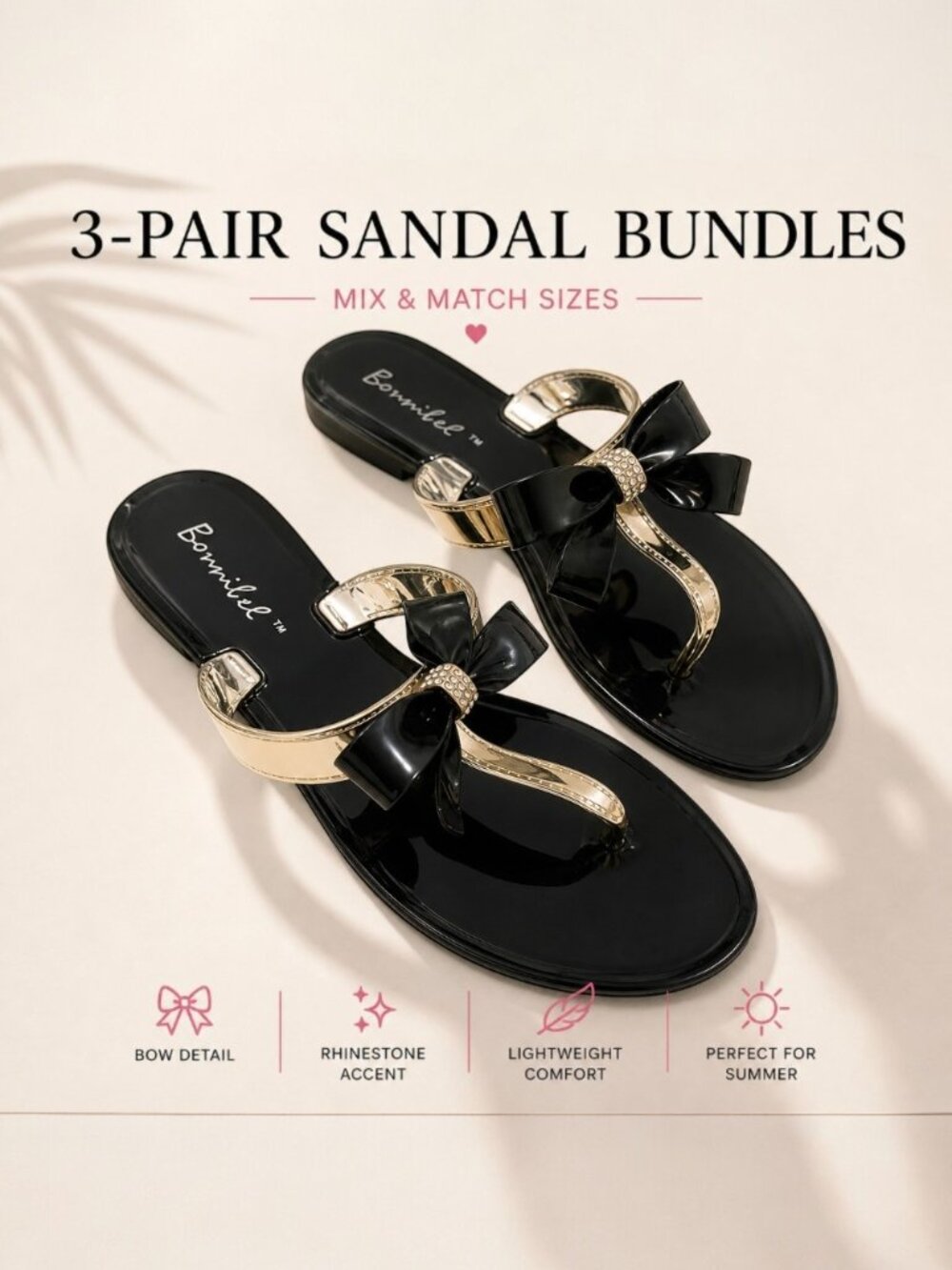 3-Pair Bow Rhinestone Sandal Bundles | Mixed Sizes 6–10 | Wholesale Reseller Lot